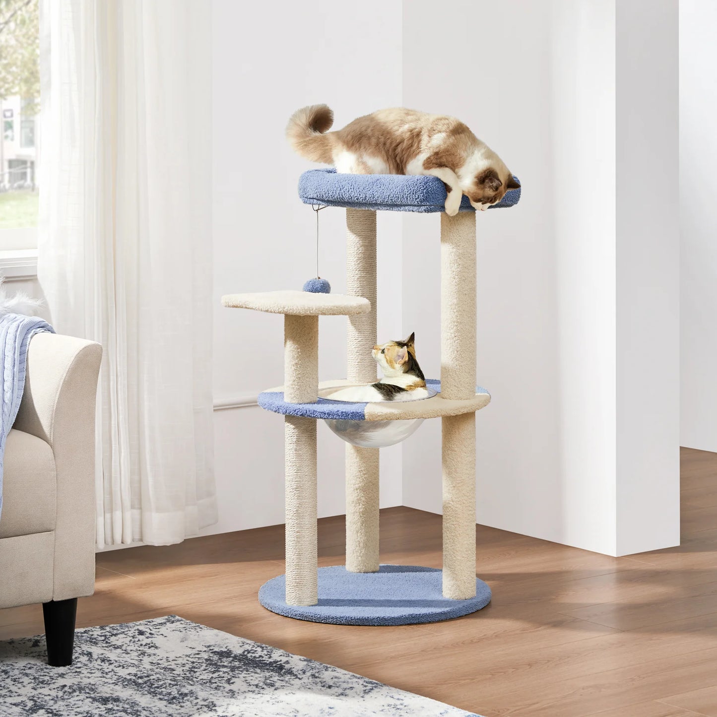 35.6″ Tall Ocean Cat Tree with Detachable Clear Bowl, Blue/Beige