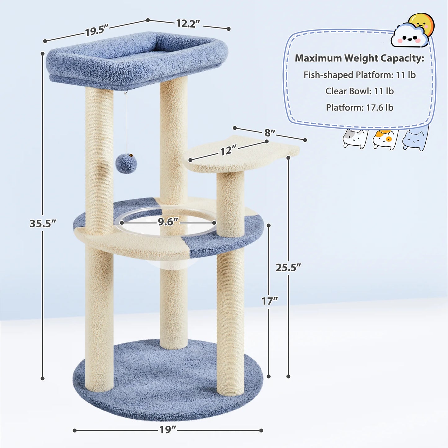 35.6″ Tall Ocean Cat Tree with Detachable Clear Bowl, Blue/Beige