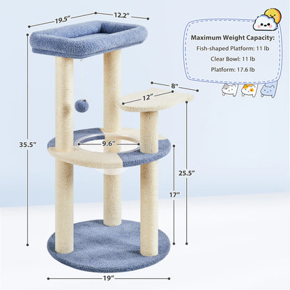 35.6″ Tall Ocean Cat Tree with Detachable Clear Bowl, Blue/Beige