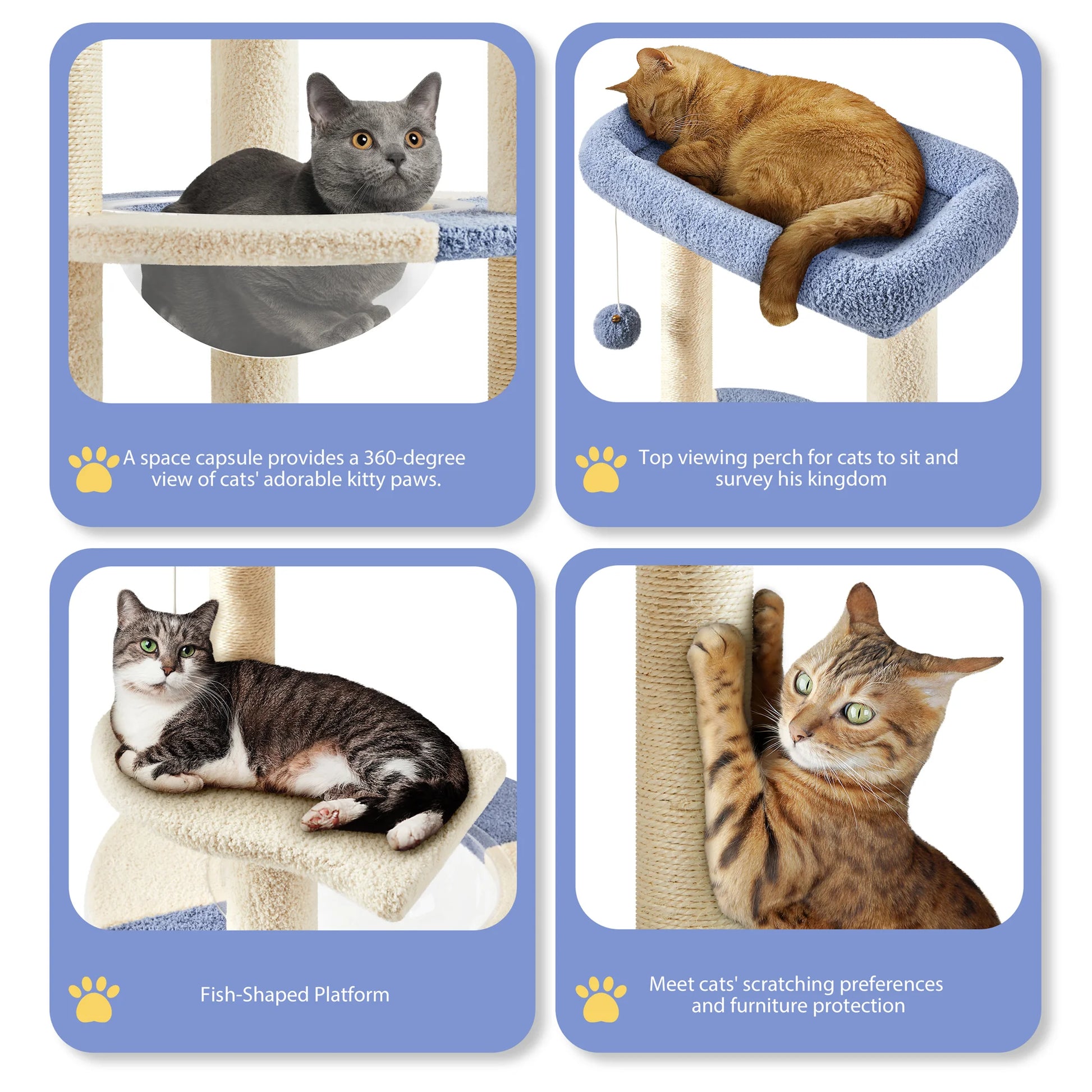 35.6″ Tall Ocean Cat Tree with Detachable Clear Bowl, Blue/Beige