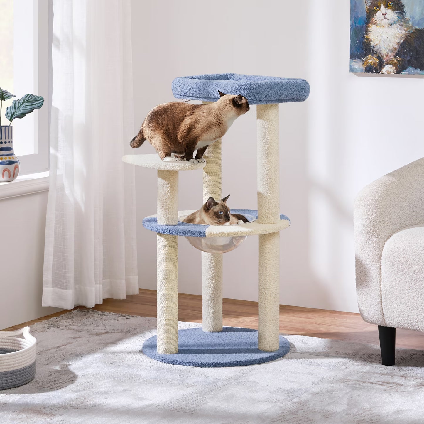35.6″ Tall Ocean Cat Tree with Detachable Clear Bowl, Blue/Beige