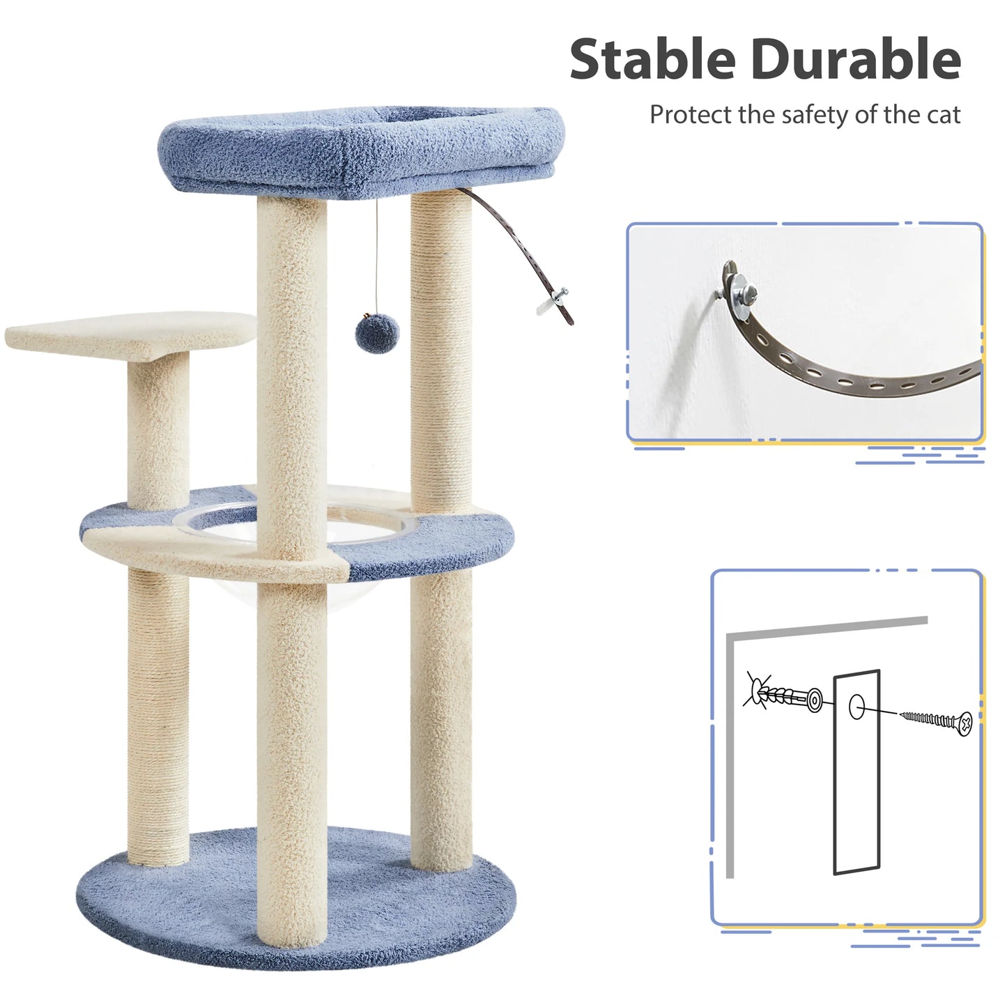35.6″ Tall Ocean Cat Tree with Detachable Clear Bowl, Blue/Beige