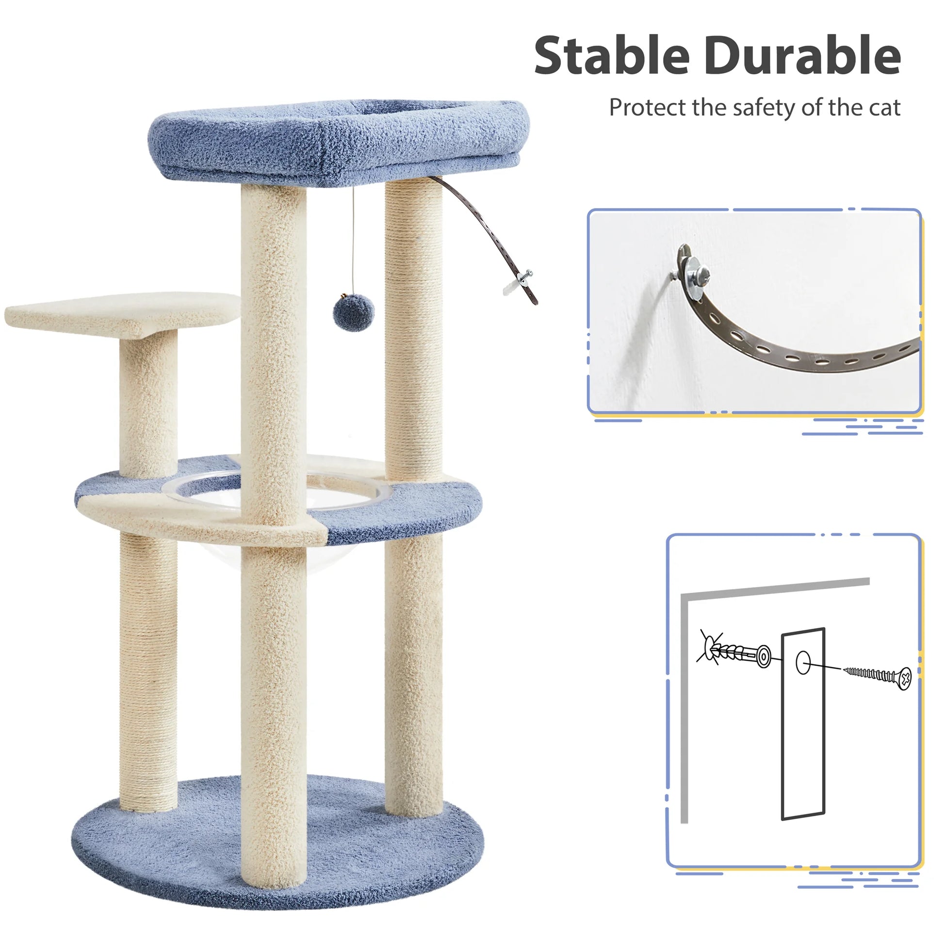 35.6″ Tall Ocean Cat Tree with Detachable Clear Bowl, Blue/Beige