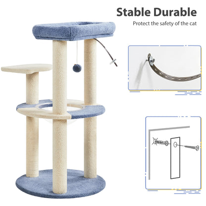 35.6″ Tall Ocean Cat Tree with Detachable Clear Bowl, Blue/Beige